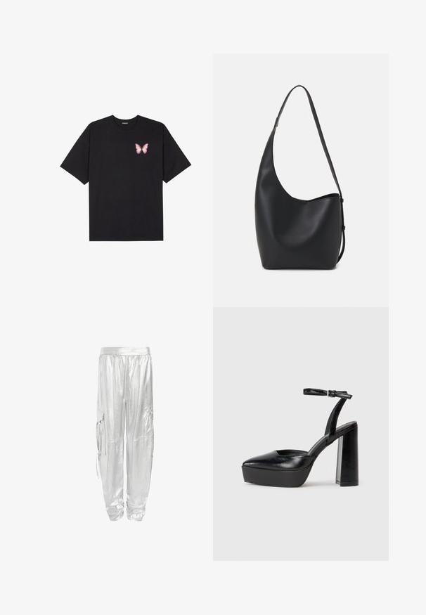 Musta puuvillapaita lyhyillä hihoilla, jossa on pieni vaaleanpunainen perhosgrafiikka vasemmassa rinnassa. Pyöreä kaula-aukko ja rento istuvuus.; Harmaat cargo-housut, joissa on kiiltävä metallipinta. Suunniteltu joustavalla vyötärönauhalla ja kahdella sivutaskulla toiminnallisuutta varten.; Mustat korkeat platform-kengät, joissa on terävä kärki ja säädettävä nilkkaremmi. Valmistettu sileästä nahasta ja varustettu paksulla lohkokorkeudella.; Musta nahkainen hobo-laukku, jossa on sileä pinta, kaareva muoto ja yksi säädettävä olkahihna; sisäänkäynti on leveä ylhäältä.