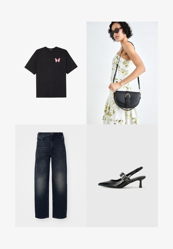 T-shirt en coton noir à manches courtes, avec un petit graphique de papillon rose sur la poitrine gauche. Modèle à col rond avec une coupe décontractée.; Weekday RAIL MID LOOSE - Jean droit - deep ocean blue; Escarpins slingback en cuir verni noir avec un bout pointu et un petit talon bloc, mettant en avant un accent en boucle argentée sur la sangle.; Sac à main en cuir noir avec une forme courbée, bandoulière amovible et des accessoires en or. Le sac est doté d'un rabat avec un détail de boucle.