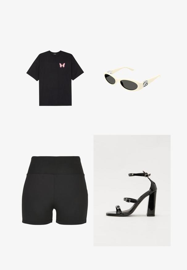 Zwarte katoenen t-shirt met korte mouwen, voorzien van een kleine roze vlinder graphic op de linkerkant van de borst. Crew neck ontwerp met een relaxte fit.; Zwarte high-waisted sportshorts gemaakt van slank, rekbaar materiaal. Bevatte gladde naden en een strakke pasvorm, ideaal voor sportkleding.; Zwarte patent lederen sandalen met hoge hakken, twee gespenbanden, een vierkante neus en een stevige blokhak, met een gladde, glanzende textuur.; Crème-kleurige zonnebril met ovale lenzen, zwarte tint en metallic logo accenten op de slapen. Zachte textuur, cat-eye ontwerp.
