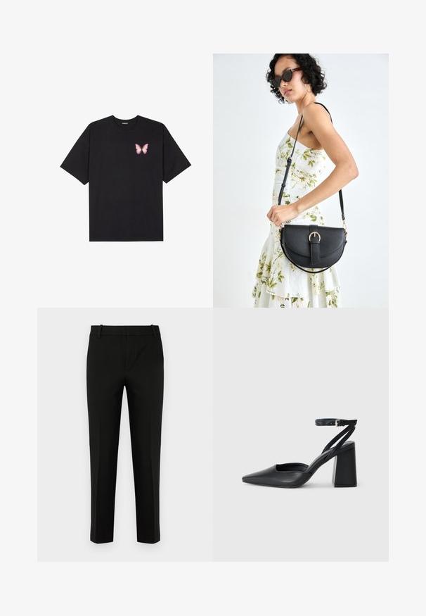 Black cotton t-shirt with short sleeves, featuring a small pink butterfly graphic on the left chest. Crew neck design with a relaxed fit.; Black trousers with a slim fit, featuring a flat front, side pockets, and a smooth texture. Designed with a mid-rise waist and tapered legs.; Black leather pointy-toe pump with an ankle strap and a chunky heel. Flat texture, sleek design, and minimalistic aesthetics.; Black leather handbag with a curved shape, detachable strap, and gold hardware. The bag features a flap with a buckle detail.