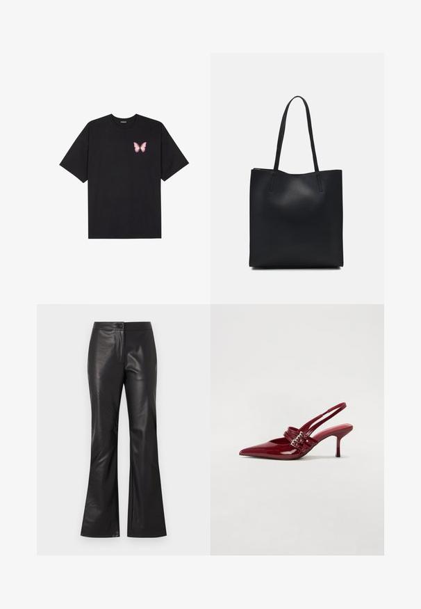 T-shirt de algodão preto com mangas curtas, apresentando um pequeno gráfico de borboleta rosa no lado esquerdo do peito. Design de gola redonda com um corte solto.; Calças de couro pretas com um acabamento suave, apresentando um fecho frontal com zíper e botão. O design é ajustado na anca, alargando na bainha.; Sapatos de salto slingback em verniz vermelho, com bico fino, duas tiras com fivela e um salto stiletto fino de altura média. Textura suave.; Bolsa tote preta em couro com textura lisa, forma retangular e duas alças longas. Sem hardware ou enfeites visíveis.
