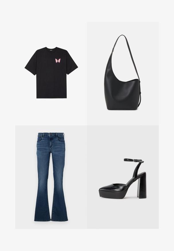 Juodas medvilnės marškinėliai trumpomis rankovėmis, su maža rožine drugelio grafika kairėje krūtinės pusėje. Apvalus kaklo iškirpimas, laisvas kirpimas.; Tamsiai mėlyni platūs džinsai, turintys penkių kišenių dizainą, džinsinio audinio, juosmenį su užsegimu mygtuku ir subtilų blukimą priekyje.; Juodi platforminiai aukšti kulniukai su smailiu kojų pirštu ir reguliuojamu kulkšnies dirželiu. Pagaminti iš lygaus odos, turi masyvų blokinį kulną.; Juodas odinis hobo maišas su lygiu paviršiumi, kreipta forma ir viena reguliuojama rankena; turi platų atidarymą viršuje.