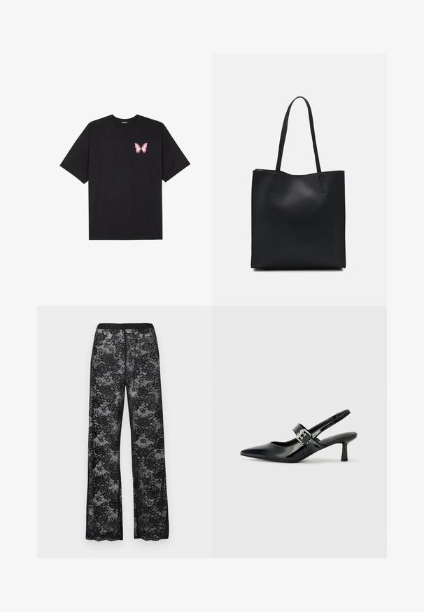 Crna pamučna majica s kratkim rukavima, s malim grafičkim prikazom ružičaste vjetricaste s desne strane na prsima. Dizajn s okruglim izrezom i opuštenim krojem.; Crne čipkaste hlače s prozirnom tkaninom, ukrašene cvjetnim uzorcima, širokog kroja i elastičnog struka za udobnost.; Crne lakirane slingback potpetice s oštrim prstom i malom blok petom, s naglaskom na srebrnoj kopči na remenu.; Crna kožna torba za nošenje s glatkom teksturom, pravokutnim oblikom i dvije duge ručke. Nema vidljivih metalnih dijelova ili ukrasa.
