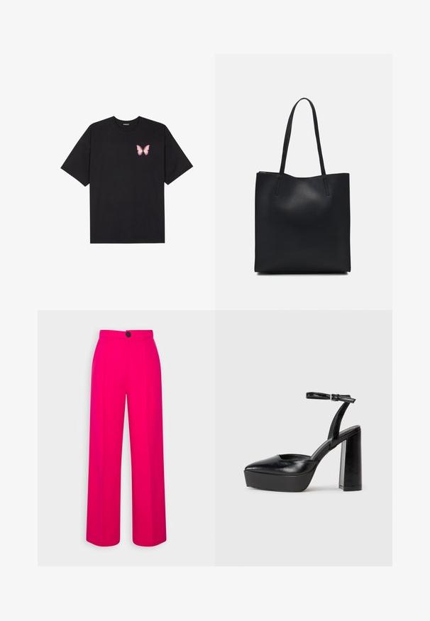 Black cotton t-shirt with short sleeves, featuring a small pink butterfly graphic on the left chest. Crew neck design with a relaxed fit.; Fuchsia wide-leg trousers with a high waist, front pleats, and a single black button closure. Smooth texture and tailored design.; Black platform heels with a pointed toe and adjustable ankle strap. Constructed from smooth leather, featuring a chunky block heel.; Black leather tote bag with smooth texture, rectangular shape, and two long handles. No visible hardware or embellishments.