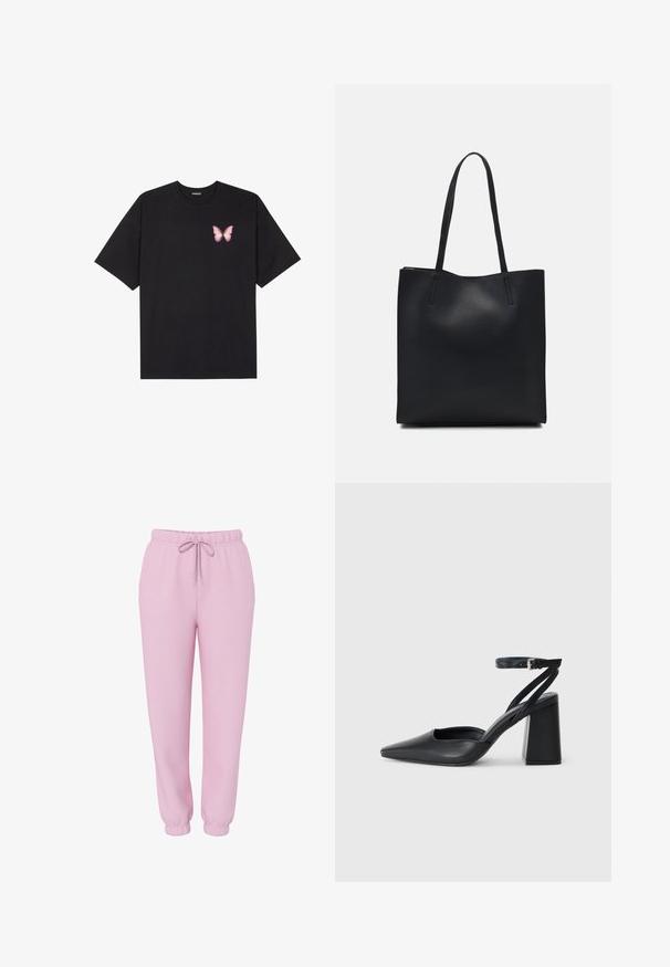Črna bombažna majica s kratkimi rokavi, ki ima majhen roza metuljček na levi strani prsnega dela. Majica s krožnim ovratnikom in sproščenim krojem.; Roza trenirke iz mehkega blaga, z elastičnim pasom in vrvico, zoženimi manšeti in sproščenim krojem.; Črne usnjene klasične čevlje z ostrim nosom, z zaponko za gleženj in debelim peto. Ravna tekstura, eleganten dizajn in minimalistična estetika.; Črna usnjena torba s svilnato teksturo, pravokotne oblike in dvema dolgima ročajema. Brez vidnih metalnih delov ali okrasnih elementov.