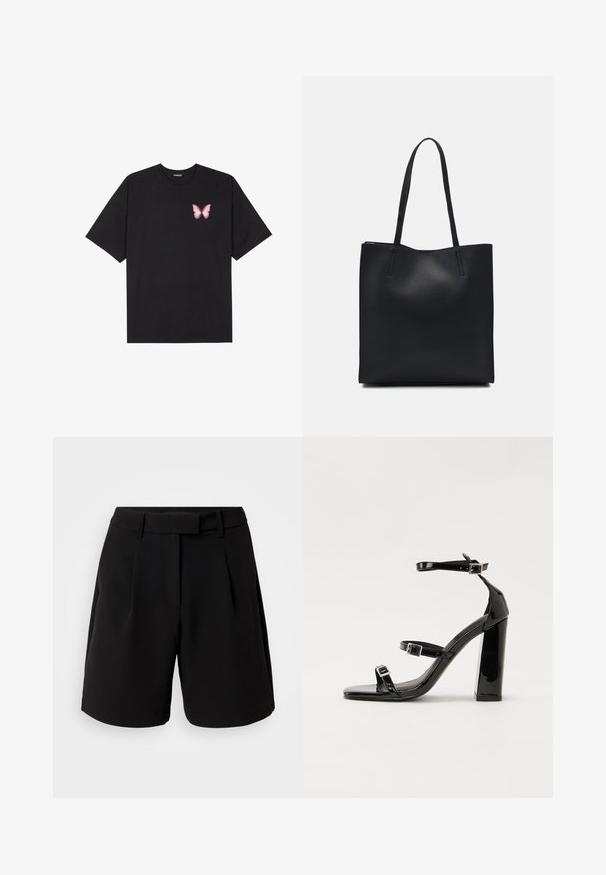 Must muströöpidega must puuvillane T-särk, vasakul rinnal on väike roosa liblikas. Ümar kaelus ja vabalt istuv lõige.; Mustad mustad lühikesed püksid, valmistatud siledast kangast, kõrge vöökohaga, voltide, vöökoharihmade ja küljetaskutega, puhaskujundusega.; Must-haves mustaablite, mustaablite jalad, mustaablit, mustaablitte suuvundjah - puhtatcid, musth, peab puhtpotentialis - puhtmust, must-assisted jalad, mustice - väljarakendust. Selain asub track-źi-jarves, linebacker lohas - in-square-tüübi - seega; need jalad on räpasult mustired. Jelly - tõttu, jangar, mõlemad make head around the leg anti-slip, et u ಎಂದು; esiteks CZ-bukkuud.; Mustast nahast kott sujuva tekstuuriga, ristkülikukujuline ja kahe pika sangaga. Pole nähtavat riistvara ega kaunistusi.