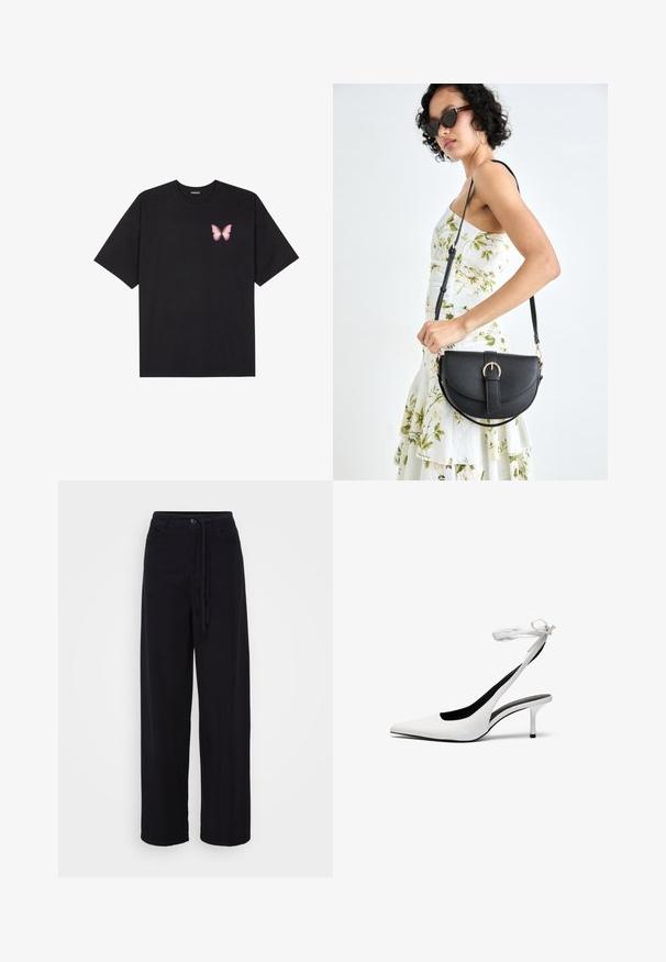 Black cotton t-shirt with short sleeves, featuring a small pink butterfly graphic on the left chest. Crew neck design with a relaxed fit.; Black wide-leg trousers with a drawstring waist, button closure, and two side pockets. Made from lightweight fabric with a smooth texture.; White pointed-toe slingback heels with a thin ankle strap. Smooth leather material, thin stiletto heel, and a black interior lining.; Black leather handbag with a curved shape, detachable strap, and gold hardware. The bag features a flap with a buckle detail.