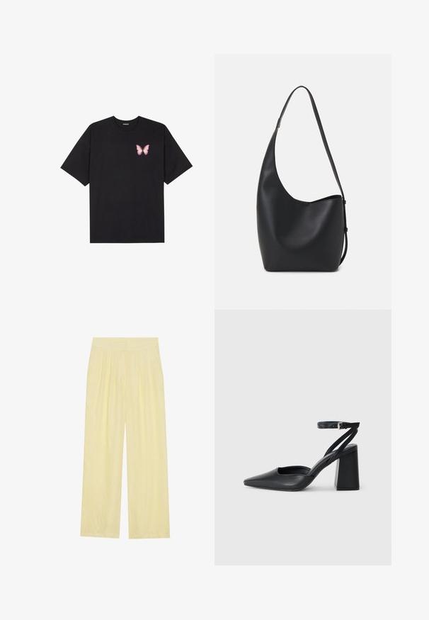 Juodas medvilnės marškinėliai trumpomis rankovėmis, su maža rožine drugelio grafika kairėje krūtinės pusėje. Apvalus kaklo iškirpimas, laisvas kirpimas.; Šviesiai geltonos plačios kelnės, pagamintos iš tekstūruoto audinio, su raukšlėtu priekiniu dalimi ir aukštu elastingu liemeniu.; Juoda odinė smailiagalė aukštakulnio bateliai su kulkšnies dirželiu ir storu kulnu. Lygus paviršius, elegantiškas dizainas ir minimalistiška estetinė. ; Juodas odinis hobo maišas su lygiu paviršiumi, kreipta forma ir viena reguliuojama rankena; turi platų atidarymą viršuje.