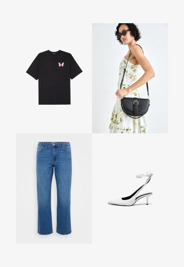 T-shirt de algodão preto com mangas curtas, apresentando um pequeno gráfico de borboleta rosa no lado esquerdo do peito. Design de gola redonda com um corte solto.; Jeans de ganga azuis com um corte reto, apresentando um fecho de botão, design clássico de cinco bolsos e uma textura ligeiramente desbotada nas coxas.; Sapatos de salto alto brancos com biqueira fina e tiras de calcanhar. Material de couro liso, salto agulha fino e forro interior preto.; Bolsa de couro preta com forma curva, alça destacável e detalhes em dourado. A bolsa possui uma aba com detalhe de fivela.