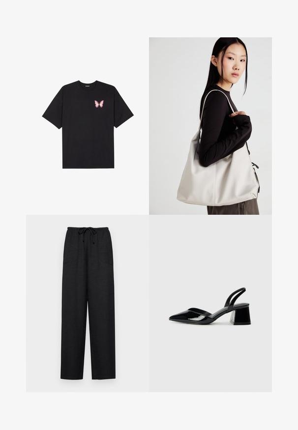 Fekete pamut póló rövid ujjakkal, bal mellkason egy kis rózsaszín pillangó grafikával. Kerek nyakú kialakítás, laza fazonnal.; Fekete, bő szárú nadrág texturált anyagból, húzózsinóros derékkal és két oldalsó zsebbel a funkcionalitás érdekében.; Fekete lakk bőr szandálkés magas sarkú cipő, hegyes orral és geometrikus tömbsarkakkal. Karcsú, minimalista dizájn és sima textúra jellemzi.; Puha anyagból készült bézs kézitáska, laza dizájnnal, varrott részletekkel és két vállpánttal. Mindennapi használatra alkalmas.
