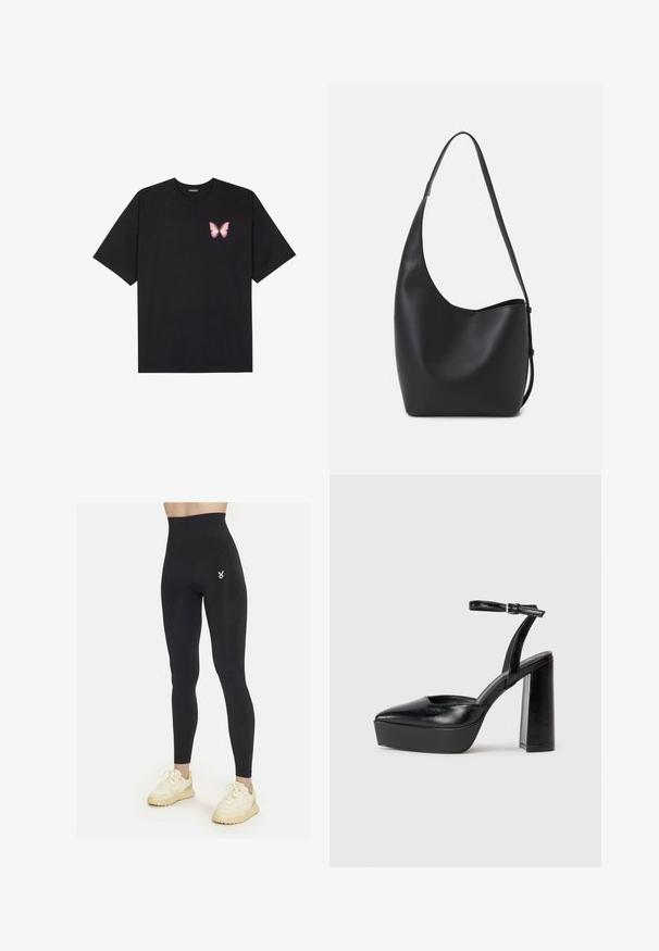 Melna kokvilnas T-krekls ar īsām piedurknēm, kuram priekšā kreisajā pusē ir neliels rozā tauriņa grafiskais attēls. Ar apaļu kaklu un brīvā stila piegriezumu.; Augsti jostas melni legingi ar teksturētu rakstu uz augšstilbiem, ar mazu baltu logo kreisajā pusē un gludu, elastīgu materiālu.; Melnas platformas papēžs ar norādītu purngala formu un regulējamu potītes siksniņu. Izgatavotas no gludas ādas, ar masīvu bloku papēdi.; Melnas ādas hobo soma ar gludu tekstūru, izliekta forma un vienu regulējamu jostu; augšā ir plaša atvere.
