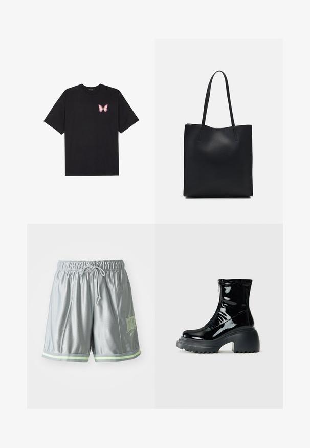 Svart bomullströja med korta ärmar, med en liten rosa fjärilsgrafik på vänster bröst. Rundad halsdesign med en avslappnad passform.; Grå atletiska shorts i lättviktsmaterial. Har resårmidja med dragsko, gröna accentränder och logodetalj.; Glansig svart plattform ankelstövel med rund tå, kraftig klack, dragkedjestängning och tjock ruggad sula mot en vit bakgrund.; Svart lädertoffelväska med slät textur, rektangulär form och två långa handtag. Ingen synlig hårdvara eller dekorationer.