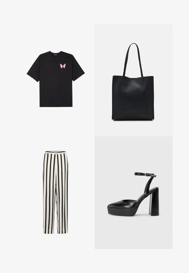 Tricou negru din bumbac cu mâneci scurte, având pe partea stângă a pieptului un mic grafic cu un fluture roz. Design cu guler rotund și croială lejeră.; Pantaloni cu dungi alb-negru, cu un design drept și o talie elastică. Confecționați dintr-un material ușor, cu o textură netedă.; Pantofi cu toc platformă negri, cu vârful ascuțit și curea reglabilă la gleznă. Confecționați din piele netedă, având un toc gros.; Geantă tote neagră din piele, cu textură netedă, formă rectangulară și două mânere lungi. Fără hardware vizibil sau ornamente.