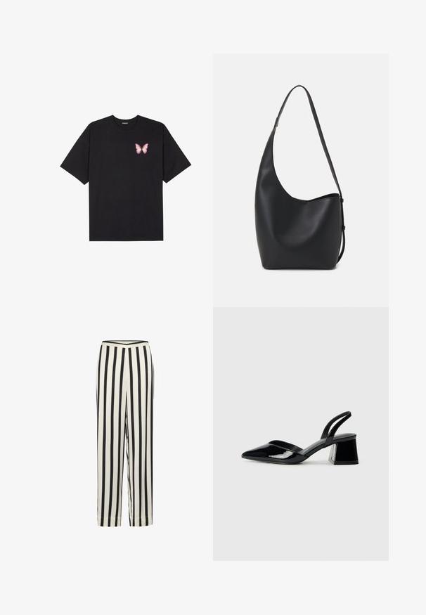 Black cotton t-shirt with short sleeves, featuring a small pink butterfly graphic on the left chest. Crew neck design with a relaxed fit.; Black and white striped trousers with a straight-leg design and an elastic waistband. Made from lightweight fabric with a smooth texture.; Black patent leather slingback heels with a pointed toe and a geometric block heel. Features a sleek, minimal design and smooth texture.; Black leather hobo bag with a smooth texture, curved shape, and single adjustable strap; features a wide opening at the top.