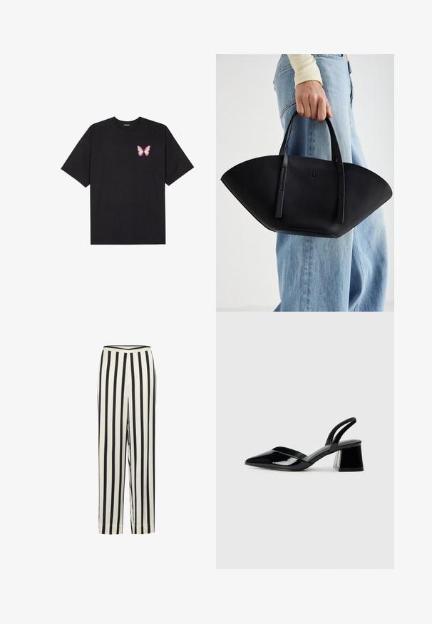 Črna bombažna majica s kratkimi rokavi, ki ima majhen roza metuljček na levi strani prsnega dela. Majica s krožnim ovratnikom in sproščenim krojem.; Črno-bele prugaste hlače s ravnimi nogami in elastičnim pasom. Narejene so iz lahkega materiala z gladko teksturo.; Črne lakirane slingback pete s koničastim nosom in geometrijsko blokasto peto. Imajo eleganten, minimalističen dizajn in gladko teksturo.; Črna usnjena torbica z edinstveno obliko ventilatorja, z ravnimi ročaji. Površina ima teksturo z drobnimi kamni in minimalističen dizajn.