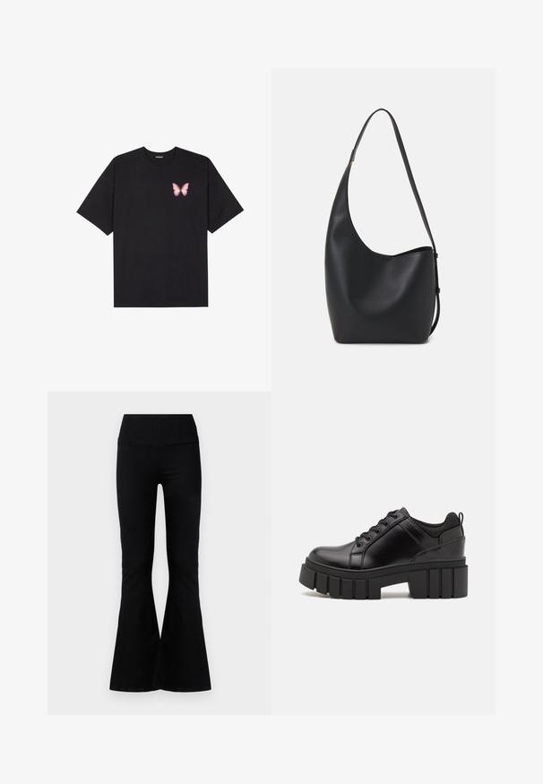 Black cotton t-shirt with short sleeves, featuring a small pink butterfly graphic on the left chest. Crew neck design with a relaxed fit.; Black flared pants with a high waistband, featuring a smooth fabric texture and a fitted silhouette that flares out at the ankles.; Black leather platform shoes with a chunky block heel, round toe, and traditional lace-up design. Features smooth texture and minimal detailing.; Black leather hobo bag with a smooth texture, curved shape, and single adjustable strap; features a wide opening at the top.