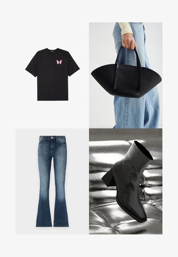 T-shirt de algodão preto com mangas curtas, apresentando um pequeno gráfico de borboleta rosa no lado esquerdo do peito. Design de gola redonda com um corte solto.; Calças de ganga azuis de corte flared com cintura média, acabamento desbotado e design tradicional de cinco bolsos. Textura macia e detalhes de costura subtil.; Botim preto de tornozelo feito de material brilhante, com bico quadrado e salto afunilado, posicionado contra um fundo prateado brilhante com detalhes acolchoados.; Bolsa de mão em couro preto com uma forma única em leque, apresentando alças planas. A superfície tem uma textura pebble e um design minimalista.