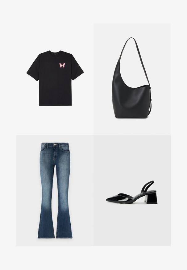 Musta puuvillapaita lyhyillä hihoilla, jossa on pieni vaaleanpunainen perhosgrafiikka vasemmassa rinnassa. Pyöreä kaula-aukko ja rento istuvuus.; Sininen farkkukangas, leveälahkeiset farkut, joissa on keskikorkea vyötärö, haalistunut viimeistely ja perinteinen viisi-taskutyyli. Pehmeä rakenne ja hienovaraiset ommeltyylit.; Mustat patentoitu nahkakengät, joissa on säären takaosa ja terävä kärki, sekä geometrinen palikkakorko. Sisältää tyylikkään, minimalistisen muotoilun ja sileän pinnan.; Musta nahkainen hobo-laukku, jossa on sileä pinta, kaareva muoto ja yksi säädettävä olkahihna; sisäänkäynti on leveä ylhäältä.