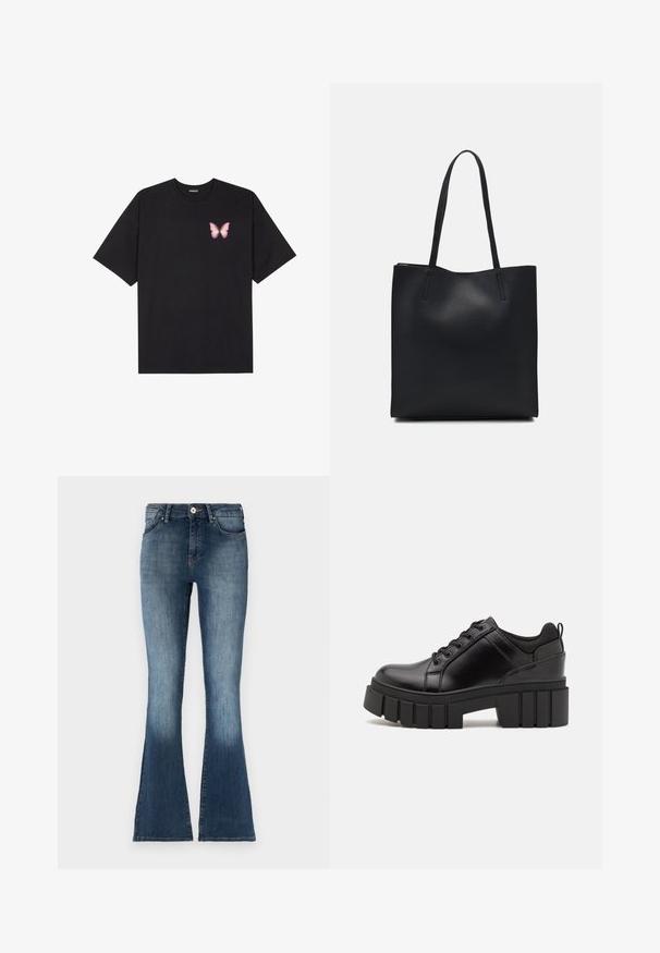 Black cotton t-shirt with short sleeves, featuring a small pink butterfly graphic on the left chest. Crew neck design with a relaxed fit.; Blue denim flared jeans with a mid-rise waist, faded finish, and traditional five-pocket design. Soft texture and subtle stitching details.; Black leather platform shoes with a chunky block heel, round toe, and traditional lace-up design. Features smooth texture and minimal detailing.; Black leather tote bag with smooth texture, rectangular shape, and two long handles. No visible hardware or embellishments.