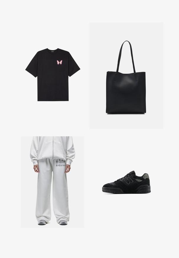 Zwarte katoenen t-shirt met korte mouwen, voorzien van een kleine roze vlinder graphic op de linkerkant van de borst. Crew neck ontwerp met een relaxte fit.; Witte hoodie met een rits aan de voorkant en kangoeroezakken, gecombineerd met witte sweatpants met een gedrukt tekstdetail op de linker bovenbeen.; Zwarte low-top sneaker met een gestructureerde zool, vetersluiting, suède panelen en een patroonaccent op de hiel en het zijlogo.; Zwarte leren handtas met een gladde textuur, rechthoekige vorm en twee lange handvaten. Geen zichtbare hardware of versieringen.