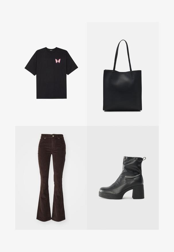 Black cotton t-shirt with short sleeves, featuring a small pink butterfly graphic on the left chest. Crew neck design with a relaxed fit.; Vero Moda VMFLASH FLARED PANTS - Trousers - chocolate torte; Black ankle boots made of smooth leather, featuring a side zipper, chunky textured heel, and rounded toe design.; Black leather tote bag with smooth texture, rectangular shape, and two long handles. No visible hardware or embellishments.