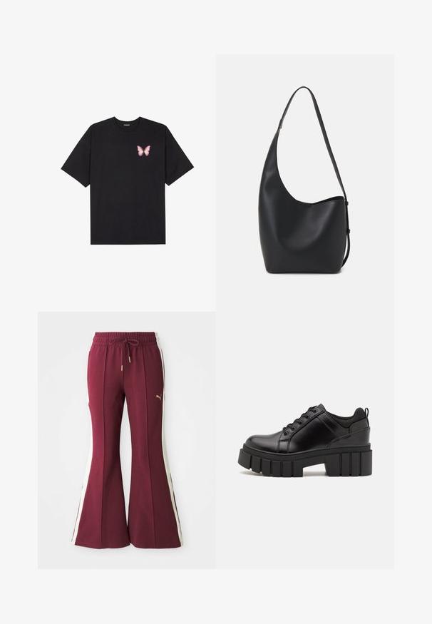 Czarny bawełniany t-shirt z krótkim rękawem, z małym różowym motylkiem na lewej piersi. Klasyczny dekolt z luźnym fasonem.; Bordowe spodnie dzwony z białymi paskami po bokach, elastycznym pasem z troczkami oraz złotym logo. Miękka tkanina o teksturowanym wykończeniu i zwężanymi nogawkami.; Czarne skórzane buty na platformie z masywnym słupkowym obcasem, okrągłym noskiem i klasycznym sznurowaniem. Posiadają gładką teksturę i minimalne wykończenia.; Czarna skórzana torba hobo o gładkiej fakturze, zaokrąglonym kształcie i pojedynczym, regulowanym pasku; posiada szerokie otwarcie na górze.