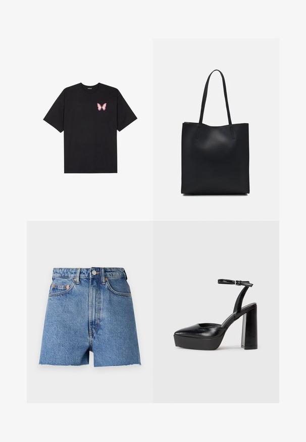 Fekete pamut póló rövid ujjakkal, bal mellkason egy kis rózsaszín pillangó grafikával. Kerek nyakú kialakítás, laza fazonnal.; Világoskék farmer rövidnadrág magas derekú, szakadt szegéllyel és réz kiegészítőkkel. Két elülső zsebbel rendelkezik, valamint klasszikus öt zsebes kialakítással.; Fekete platform magassarkú cipők hegyes orral és állítható bokapánttal. Sima bőrből készült, vastag talppal.; Fekete bőrtáska sima felszínnel, téglalap alakú, két hosszú füllel. Nincs látható fémkiegészítő vagy díszítés.