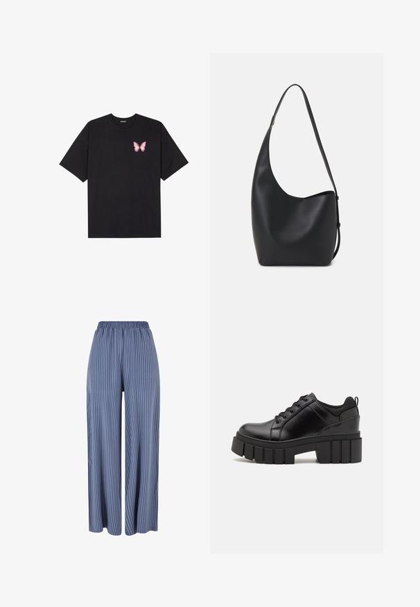 Črna bombažna majica s kratkimi rokavi, ki ima majhen roza metuljček na levi strani prsnega dela. Majica s krožnim ovratnikom in sproščenim krojem.; Modre hlače širokih nogavic z belimi navpičnimi črtami in elastičnim pasom, prikazane na belem ozadju.; Črne usnjene platforme z debelim blokastim petam, okroglo konico in klasičnim vezanjem. Imajo gladko teksturo in minimalne podrobnosti.; Črna usnjena hobo torba z gladko teksturo, ukrivljeno obliko in eno nastavljivo naramnico; ima širok odprtina na vrhu.