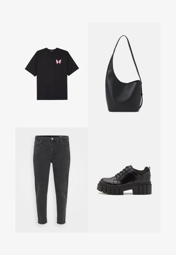 Črna bombažna majica s kratkimi rokavi, ki ima majhen roza metuljček na levi strani prsnega dela. Majica s krožnim ovratnikom in sproščenim krojem.; Slim fit črne jeans hlače z gumbom in zadrgo na sprednji strani, zankami za pas in petimi žepi, prikazane na svetli enobarvni podlagi.; Črne usnjene platforme z debelim blokastim petam, okroglo konico in klasičnim vezanjem. Imajo gladko teksturo in minimalne podrobnosti.; Črna usnjena hobo torba z gladko teksturo, ukrivljeno obliko in eno nastavljivo naramnico; ima širok odprtina na vrhu.