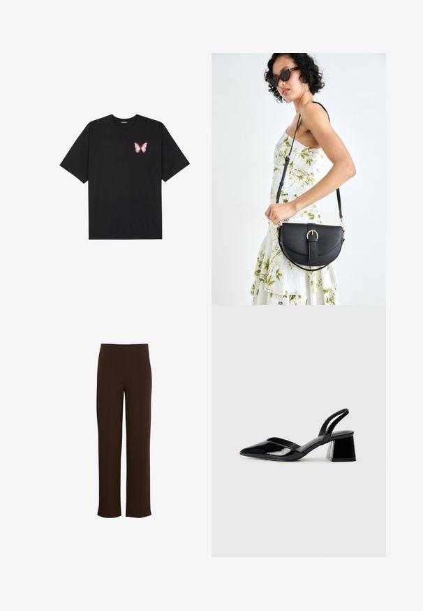 Black cotton t-shirt with short sleeves, featuring a small pink butterfly graphic on the left chest. Crew neck design with a relaxed fit.; Brown, wide-leg trousers made of a soft, stretchy material. Features vertical seams and a clean waistband for a tailored look.; Black patent leather slingback heels with a pointed toe and a geometric block heel. Features a sleek, minimal design and smooth texture.; Black leather handbag with a curved shape, detachable strap, and gold hardware. The bag features a flap with a buckle detail.