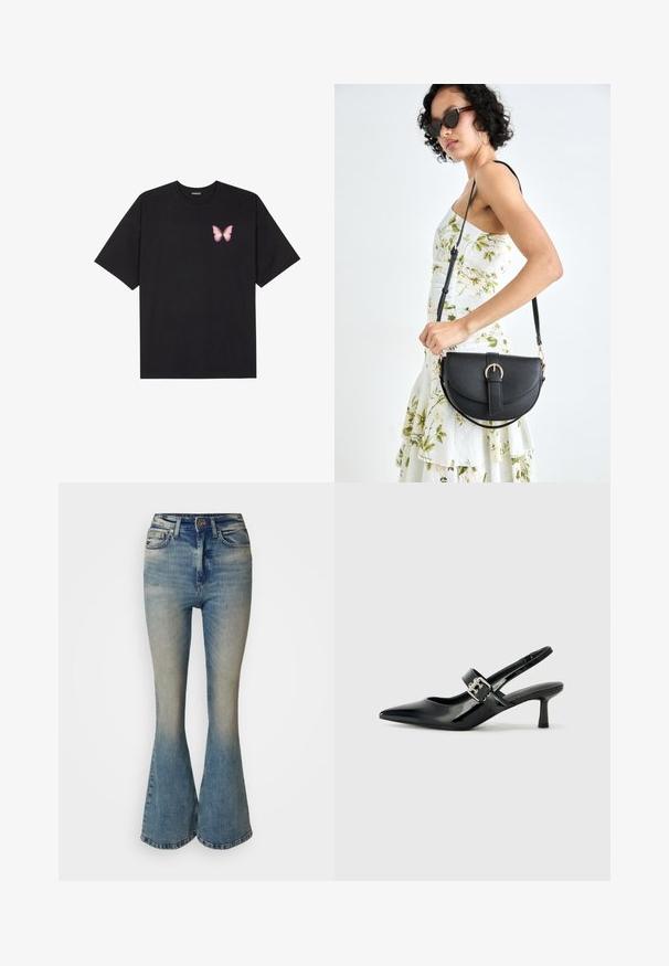 Juodas medvilnės marškinėliai trumpomis rankovėmis, su maža rožine drugelio grafika kairėje krūtinės pusėje. Apvalus kaklo iškirpimas, laisvas kirpimas.; Šviesiai mėlynos džinsinės kelnės su plačiu apatini dalimi ir laipsnišku išblukimu. Turi aukštą liemenį, penkias kišenes ir segtuką su užtrauktuku.; Juodai lakuoti slingback aukštakulniai su smailiu kojų pirštu ir mažais blokiniais kulniukais, su sidabro sagtimi ant dirželio.; Juodas odinis krepšys su išlenkta forma, nuimamu dirželiu ir auksiniais detalėmis. Krepšys turi kilpą su sagtimi.