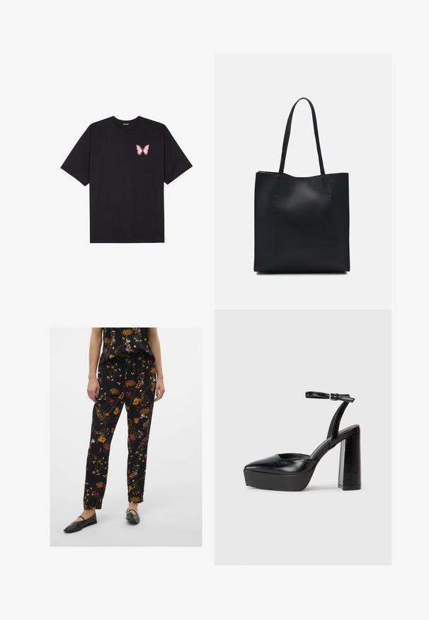T-shirt de algodão preto com mangas curtas, apresentando um pequeno gráfico de borboleta rosa no lado esquerdo do peito. Design de gola redonda com um corte solto.; Calças florais pretas com um corte descontraído, apresentando padrões florais multicoloridos, cintura com cordão e bolsos laterais. Combinadas com sapatilhas pretas elegantes.; Saltos altos pretos com bico fino e atilho ajustável no tornozelo. Confeccionados em couro suave, apresentam um salto bloco robusto.; Bolsa tote preta em couro com textura lisa, forma retangular e duas alças longas. Sem hardware ou enfeites visíveis.