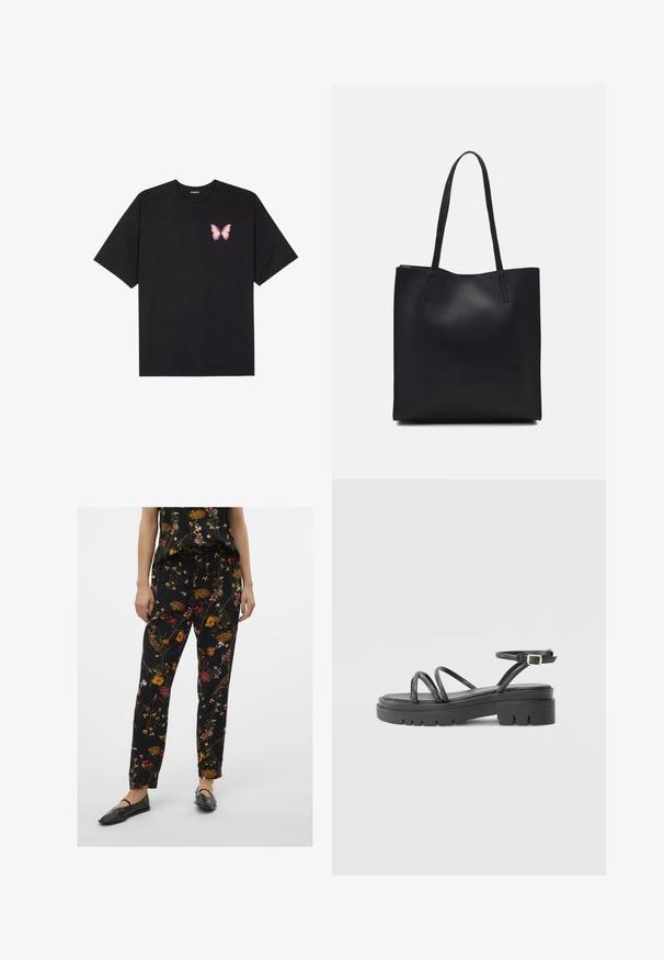 Crna pamučna majica s kratkim rukavima, s malim grafičkim prikazom ružičaste vjetricaste s desne strane na prsima. Dizajn s okruglim izrezom i opuštenim krojem.; Crne cvjetne hlače opuštenog kroja, s šarenim cvjetnim uzorcima, elastičnim pojasom s vezicom i bočnim džepovima. Uparene s elegantnim crnim balerinkama.; Crne sandale sa remenčićima i debelim potplatom, s tankim trakama i kopčanjem oko gležnja. Glatka tekstura s robusnim dizajnom potplata.; Crna kožna torba za nošenje s glatkom teksturom, pravokutnim oblikom i dvije duge ručke. Nema vidljivih metalnih dijelova ili ukrasa.