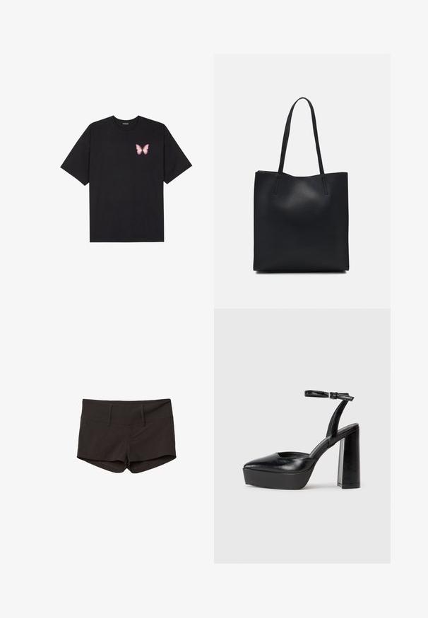 Crna pamučna majica s kratkim rukavima, s malim grafičkim prikazom ružičaste vjetricaste s desne strane na prsima. Dizajn s okruglim izrezom i opuštenim krojem.; Crne pamučne kratke hlače s prilagođenim dizajnom, s glatkom teksturom i dva prednja džepa. Srednji pojas i bez uočljivih uzoraka.; Crne platforme s potpeticom s oštrim vrhom i podešivom naramenicom. Izrađene od glatke kože, s masivnom blok petom.; Crna kožna torba za nošenje s glatkom teksturom, pravokutnim oblikom i dvije duge ručke. Nema vidljivih metalnih dijelova ili ukrasa.