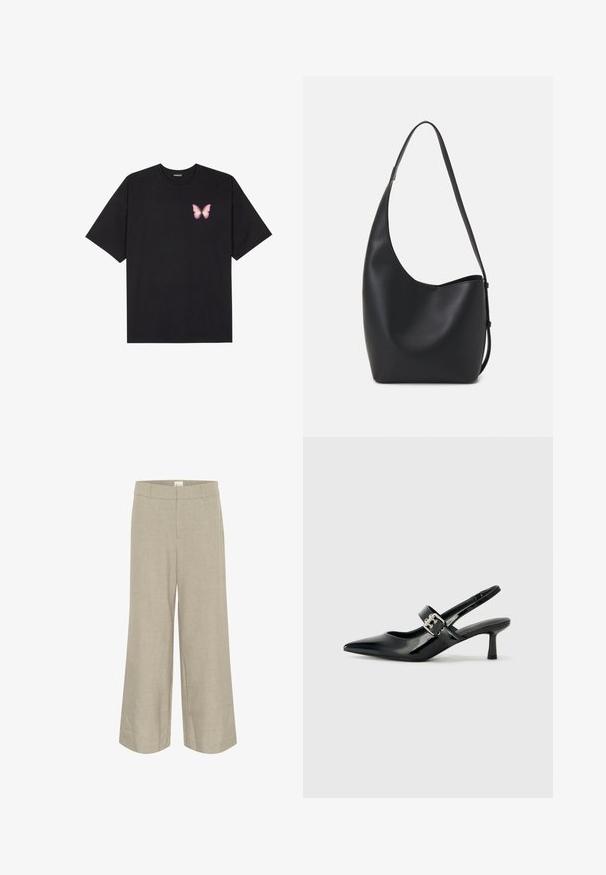 Black cotton t-shirt with short sleeves, featuring a small pink butterfly graphic on the left chest. Crew neck design with a relaxed fit.; Light beige wide-leg pants in a textured fabric, featuring a smooth waistband and side pockets for a relaxed fit and look.; Black patent leather slingback heels with a pointed toe and a small block heel, featuring a silver buckle accent on the strap.; Black leather hobo bag with a smooth texture, curved shape, and single adjustable strap; features a wide opening at the top.