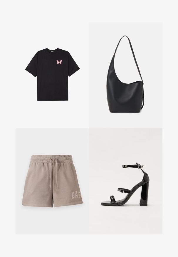 Čierne bavlnené tričko s krátkymi rukávmi, s malým ružovým motýlikom na ľavej hrudi. Design s okrúhlym výstrihom a uvoľneným strihom.; Béžové šortky vyrobené z mäkkého materiálu, s elastickým pásom na šnúrku a vyšívaným logom "GAP" na dolnej časti prednej strany.; Čierne lakované sandále na podpätku so štvorcovou špičkou, navlečenými remienkami okolo členku a striebornými prackami. Disponujú masívnym blokovým podpätkom pre stabilitu.; Čierna kožená hobo taška so hladkou textúrou, zakriveným tvarom a jedným nastaviteľným popruhom; má široké otvorenie na vrchu.