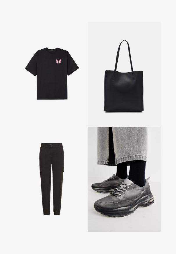 Zwarte katoenen t-shirt met korte mouwen, voorzien van een kleine roze vlinder graphic op de linkerkant van de borst. Crew neck ontwerp met een relaxte fit.; Zwarte cargobroek gemaakt van lichtgewicht stof, met een elastische tailleband, zijzakken en een relaxte pasvorm.; Zwarte en grijze sport schoenen hebben een mesh bovenkant, dikke zolen en veters. Ze hebben een ronde neus en zichtbare dempingsdetails.; Zwarte leren handtas met een gladde textuur, rechthoekige vorm en twee lange handvaten. Geen zichtbare hardware of versieringen.