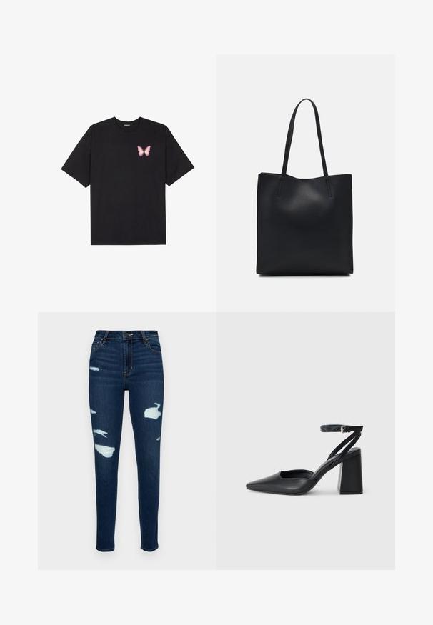 T-shirt de algodão preto com mangas curtas, apresentando um pequeno gráfico de borboleta rosa no lado esquerdo do peito. Design de gola redonda com um corte solto.; Jeans skinny azul-escuros feitos de denim, com remendos desgastados e detalhes desfiados. Design clássico de cinco bolsos e fecho de zip.; Sandal com biqueira afilada em couro preto, com cinta no tornozelo e salto grosso. Textura lisa, design elegante e estética minimalista.; Bolsa tote preta em couro com textura lisa, forma retangular e duas alças longas. Sem hardware ou enfeites visíveis.