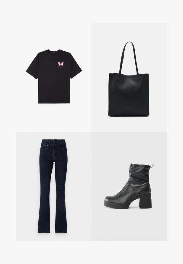 Fekete pamut póló rövid ujjakkal, bal mellkason egy kis rózsaszín pillangó grafikával. Kerek nyakú kialakítás, laza fazonnal.; Sötétkék, trapéz szabású farmernadrág magas derékkal, két gombos záródással, öt zsebből álló kialakítással és sima denim textúrával.; Fekete bokacsizmák sima bőrből, oldalsó cipzárral, vastag, texturált sarkú és lekerekített orrú dizájnnal.; Fekete bőrtáska sima felszínnel, téglalap alakú, két hosszú füllel. Nincs látható fémkiegészítő vagy díszítés.