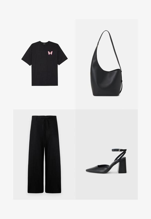 Black cotton t-shirt with short sleeves, featuring a small pink butterfly graphic on the left chest. Crew neck design with a relaxed fit.; Wide-leg black linen pants with a drawstring waistband and button closure. Features a smooth texture and flowing silhouette.; Black leather pointy-toe pump with an ankle strap and a chunky heel. Flat texture, sleek design, and minimalistic aesthetics.; Black leather hobo bag with a smooth texture, curved shape, and single adjustable strap; features a wide opening at the top.