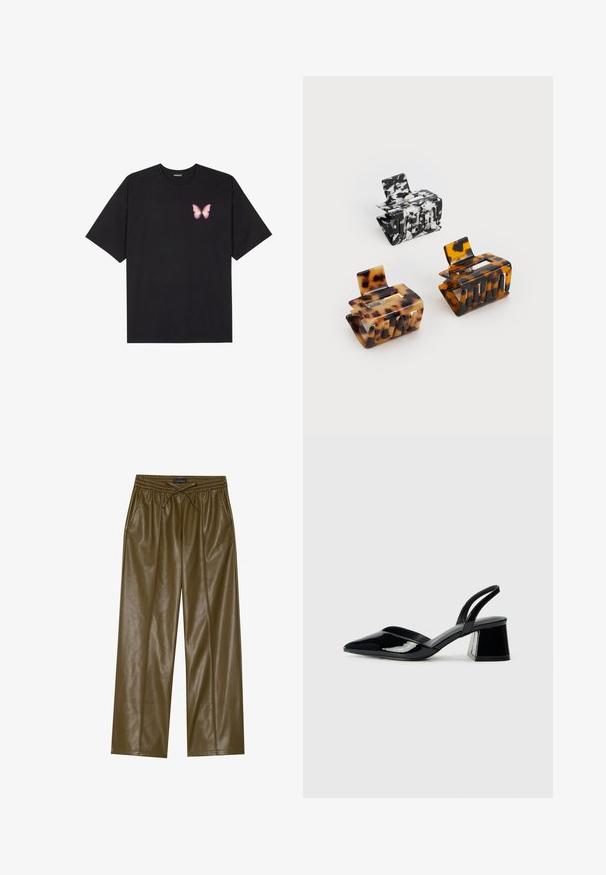 Melna kokvilnas T-krekls ar īsām piedurknēm, kuram priekšā kreisajā pusē ir neliels rozā tauriņa grafiskais attēls. Ar apaļu kaklu un brīvā stila piegriezumu.; Olīvu zaļas mākslīgas ādas plaša kāju bikses ar elastīgu jostasvietu un regulējamu auklu. Iespējas ietver divas sānu kabatas un gludu tekstūru.; Melna lakota āda ar atvērto papēdi, ar smailu purngalu un ģeometrisku blokpapēdi. Iezīmējas elegants, minimāls dizains un gluda tekstūra.; Trīs matu sprādzes: viena melna un balta marmora, divas bruņurupuču krāsas ar brūnajām un melnajām nokrāsām, visas izgatavotas no glancētas plastmasas ar teksturētu apdari.