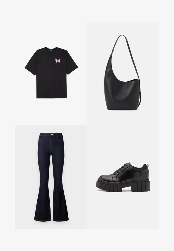 Camiseta de algodón negra de manga corta, con un pequeño gráfico de mariposa rosa en el lado izquierdo del pecho. Diseño de cuello redondo con un corte relajado.; Jeans acampanados de color azul marino fabricados en denim. Cintura alta con cierre de botón y cremallera, con costuras en contraste y una textura suave.; Zapatos de plataforma de cuero negro con un tacón cuadrado grueso, punta redonda y diseño tradicional de cordones. Presenta una textura suave y un detalle minimalista.; Bolso tipo hobo de cuero negro con una textura suave, forma curvada y una sola correa ajustable; presenta una amplia apertura en la parte superior.
