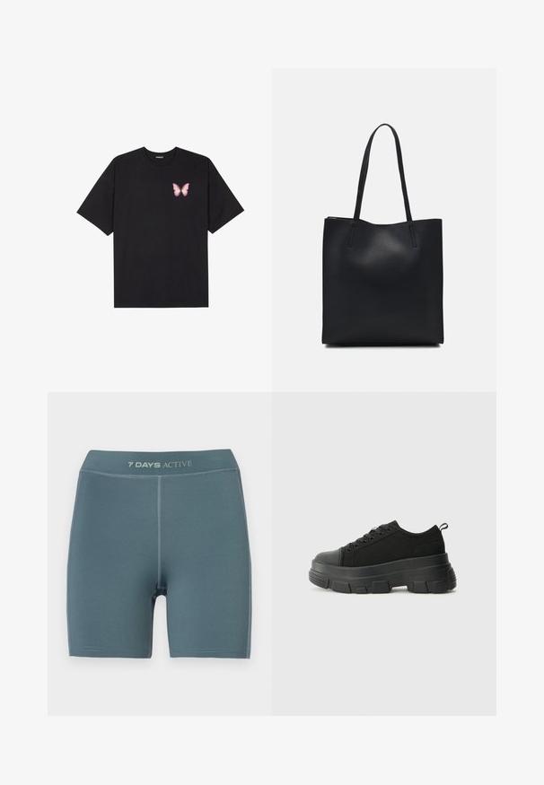 Tricou negru din bumbac cu mâneci scurte, având pe partea stângă a pieptului un mic grafic cu un fluture roz. Design cu guler rotund și croială lejeră.; Pantaloni scurți activi de culoare albastru deschis, cu o textură netedă, lungime până la jumătatea coapsei și un logo pe talie; prezintă cusături întărite.; Adidași negri cu talpă groasă din cauciuc, superior din material texturat, bot rotund și design cu șireturi. Include gauri întărite pentru șireturi și o buclă pe spate.; Geantă tote neagră din piele, cu textură netedă, formă rectangulară și două mânere lungi. Fără hardware vizibil sau ornamente.