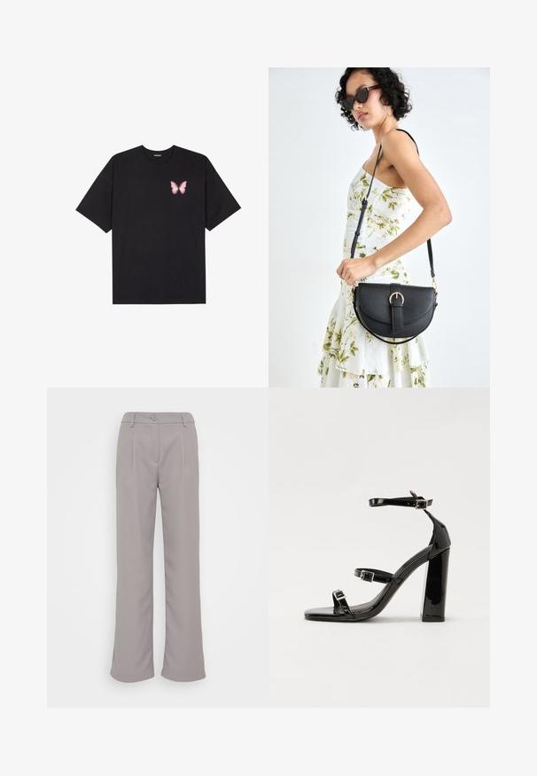 Juodas medvilnės marškinėliai trumpomis rankovėmis, su maža rožine drugelio grafika kairėje krūtinės pusėje. Apvalus kaklo iškirpimas, laisvas kirpimas.; Pilkos plačios kelnės su lygiu paviršiumi. Turi priekinės raukšlės, mygtuko uždarymą ir šonines kišenes. Klasikinis dizainas, tinkantis įvairioms progoms.; Juoda blizgi lakuota basutė su kvadratiniu pirštu, kulkšnies dirželiais ir sidabro sagtimis. Yra tvirta blokinė kulno konstrukcija, užtikrinanti stabilumą.; Juodas odinis krepšys su išlenkta forma, nuimamu dirželiu ir auksiniais detalėmis. Krepšys turi kilpą su sagtimi.