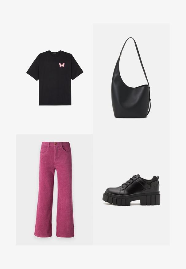 Juodas medvilnės marškinėliai trumpomis rankovėmis, su maža rožine drugelio grafika kairėje krūtinės pusėje. Apvalus kaklo iškirpimas, laisvas kirpimas.; Plati kojinės iš kordūro, ryškiai rožinės spalvos, su vertikaliai raibuliuojančia tekstūra, įprastomis kišenėmis ir vienu mygtuko uždarymu.; Juodi odiniai platformos batai su masyviu blokuota kulniuku, apvalia nosimi ir tradiciniu šnypštimo dizainu. Turintys glotnų paviršių ir minimalų dekoravimą.; Juodas odinis hobo maišas su lygiu paviršiumi, kreipta forma ir viena reguliuojama rankena; turi platų atidarymą viršuje.