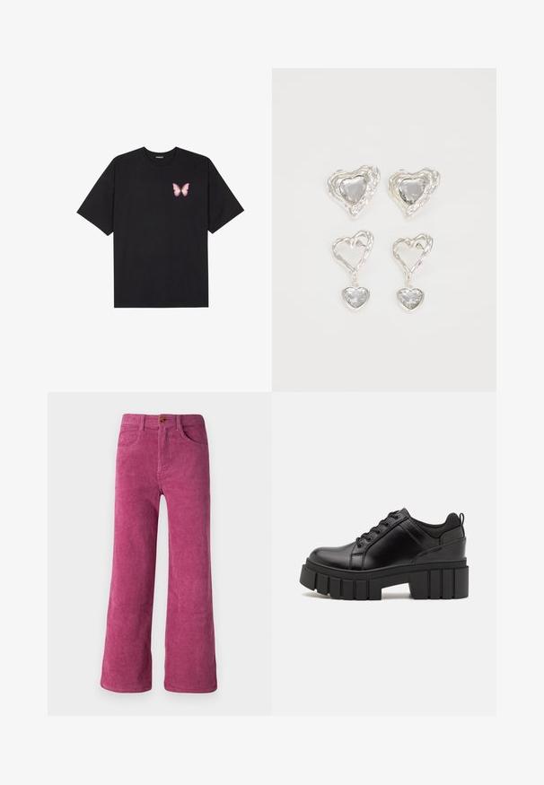 Black cotton t-shirt with short sleeves, featuring a small pink butterfly graphic on the left chest. Crew neck design with a relaxed fit.; Wide-leg corduroy pants in a vibrant pink color, featuring vertical ribbed texture, standard pockets, and a single button closure.; Black leather platform shoes with a chunky block heel, round toe, and traditional lace-up design. Features smooth texture and minimal detailing.; Silver heart-shaped earrings feature faceted clear stones, with a textured frame. The set includes stud and drop styles.