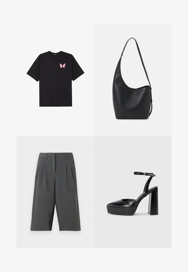 Czarny bawełniany t-shirt z krótkim rękawem, z małym różowym motylkiem na lewej piersi. Klasyczny dekolt z luźnym fasonem.; Szare spodenki w wzór houndstooth z plisami, o dopasowanym kroju i długości do połowy uda. Wykonane z teksturowanej tkaniny, bez widocznych zapięć.; Czarne platformy na wysokim obcasie z szpiczastym noskiem i regulowanym paskiem na kostkę. Wykonane z gładkiej skóry, z grubym słupkowym obcasem.; Czarna skórzana torba hobo o gładkiej fakturze, zaokrąglonym kształcie i pojedynczym, regulowanym pasku; posiada szerokie otwarcie na górze.