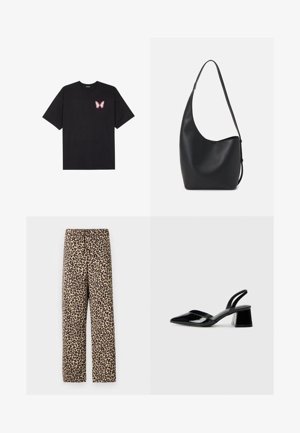 Black cotton t-shirt with short sleeves, featuring a small pink butterfly graphic on the left chest. Crew neck design with a relaxed fit.; Leopard print trousers featuring an elastic waistband, lightweight fabric, straight-leg design, and a tan background with dark brown spots.; Black patent leather slingback heels with a pointed toe and a geometric block heel. Features a sleek, minimal design and smooth texture.; Black leather hobo bag with a smooth texture, curved shape, and single adjustable strap; features a wide opening at the top.