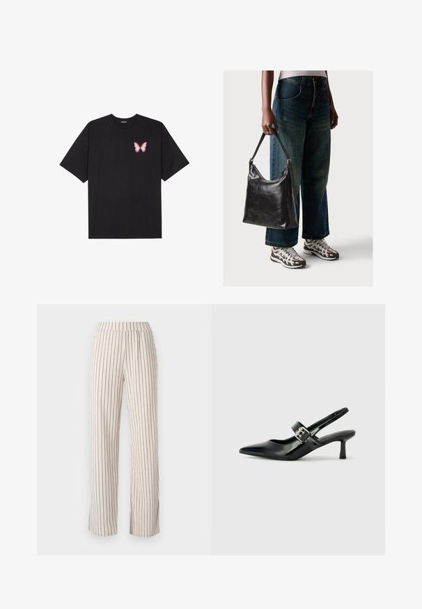 Zwarte katoenen t-shirt met korte mouwen, voorzien van een kleine roze vlinder graphic op de linkerkant van de borst. Crew neck ontwerp met een relaxte fit.; Beige wijde broek met verticale marineblauwe strepen, voorzien van een elastische tailleband en een relaxte pasvorm. Zachte stof met een subtiele textuur.; Zwarte gepatineerde leren slingback hakken met een puntige neus en een kleine blokhak, met een zilveren gespaccent op de band.; Zwarte leren schoudertas met een gladde textuur en een verstelbare strap, gecombineerd met vervaagde wijde jeans en sportieve sneakers.