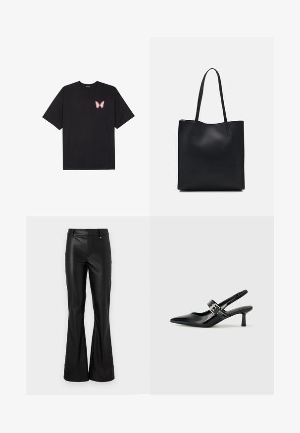 Black cotton t-shirt with short sleeves, featuring a small pink butterfly graphic on the left chest. Crew neck design with a relaxed fit.; Black flared pants made of smooth, glossy faux leather with a fitted waist and belt loops. Features minimalist design and clean lines.; Black patent leather slingback heels with a pointed toe and a small block heel, featuring a silver buckle accent on the strap.; Black leather tote bag with smooth texture, rectangular shape, and two long handles. No visible hardware or embellishments.